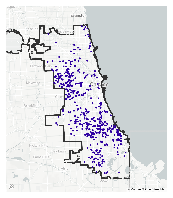 Figure 1: Homicide locations inside the city of Chicago recorded in 2008.